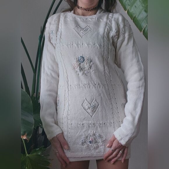 Vintage Cottagecore Sweater Dress Mini Hearts Flowers Embroidered 80s 90s Spring - Picture 4 of 6
